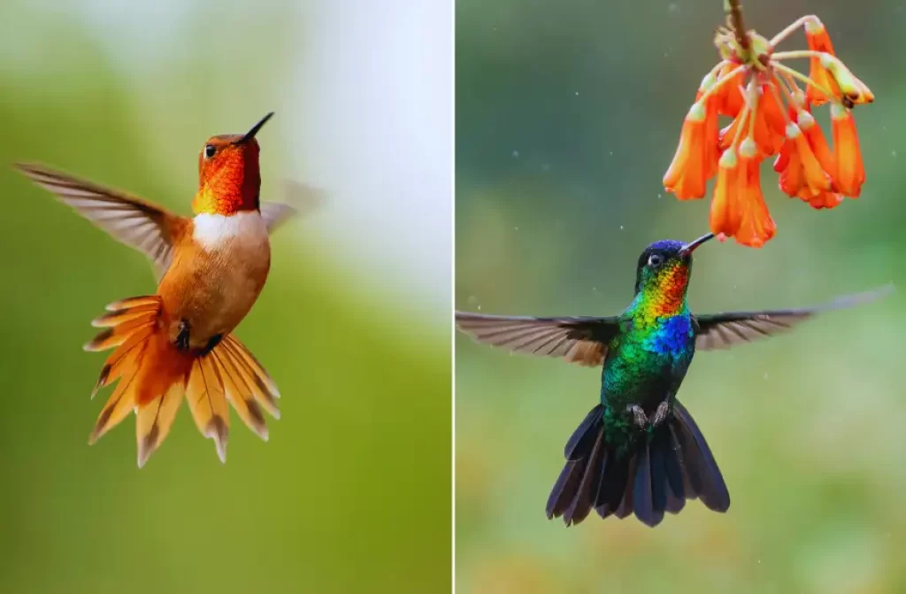2 Hummingbirds sipping nectar from an orange flower.