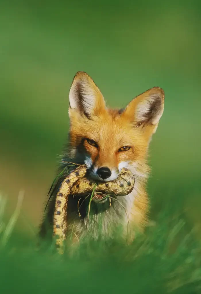 Fox holding a snake in its mouth against a green background.