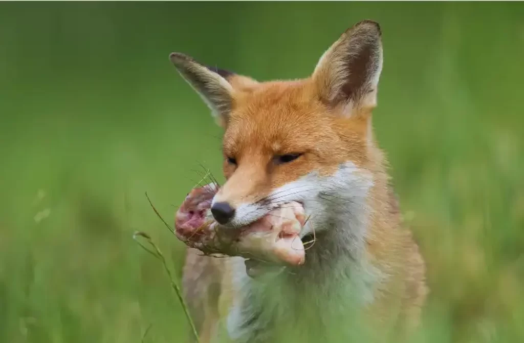 Fox in green field, holding prey in its mouth.